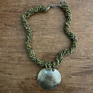 Green Beaded Shell Pendant Necklace